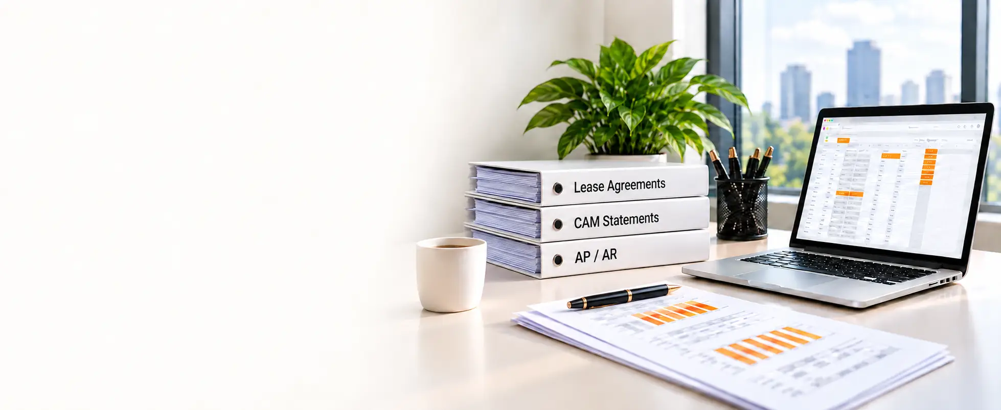 Lease agreements, CAM statements, and AP/AR files on a desk beside a completed audit spreadsheet
