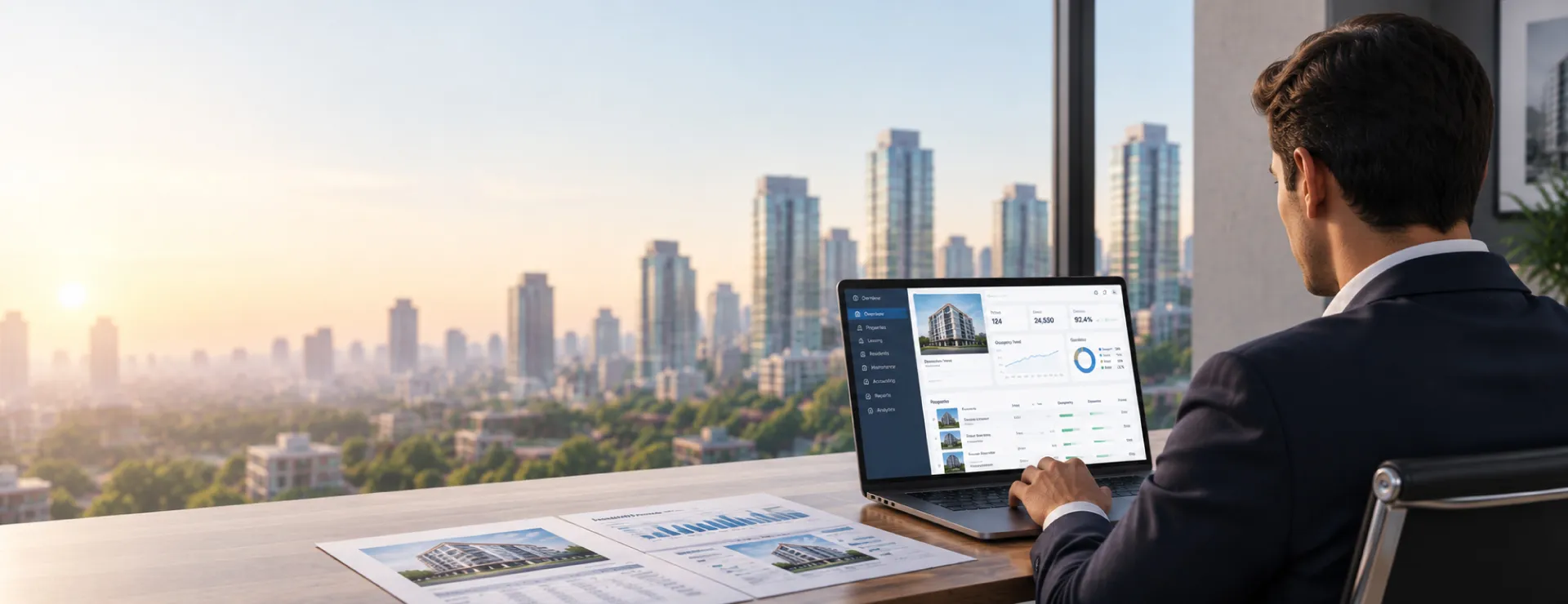 Yardi implementation specialist working with property management software in a high-rise office