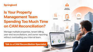 Property manager reviewing tenant billing and CAM reconciliation for a multi-property commercial real estate portfolio