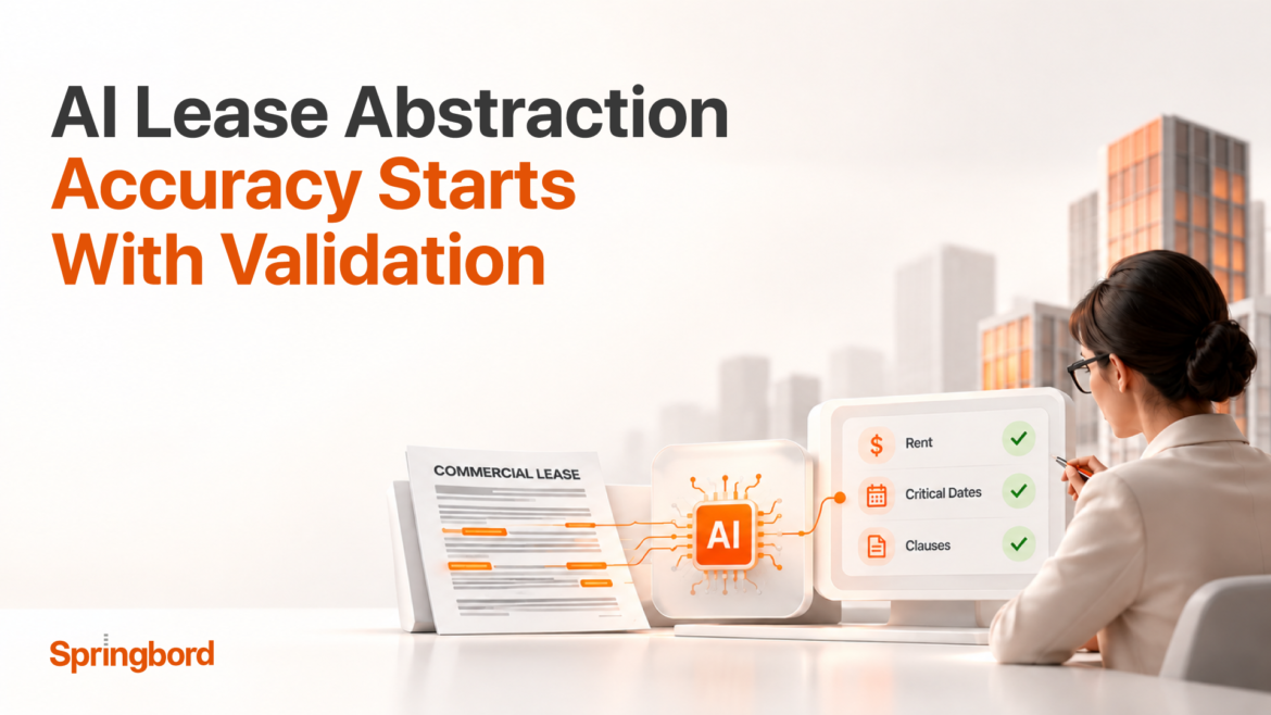 3-tier lease data validation framework showing 100% verification of dates and dollars, risk-based clause review, and spot checks of reference fields.