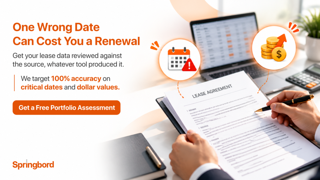 Lease data validation review showing critical dates and dollar values being checked against the source lease